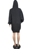 Black Work Daily Solid O Neck Long Sleeve Mid Calf Dresses