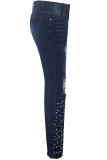 Темно-синие джинсовые брюки на пуговицах с застежкой-молнией Высокая стирка Однотонные брюки на молнии с бусинами Асимметричные дырки для ботинок
