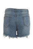 Blue Denim Zipper Fly Button Fly High washing Hole Zippered Pocket Straight shorts Shorts