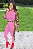Pink Casual Two Piece Suits Leopard Patchwork pencil Long Sleeve Two-piece Pants Set