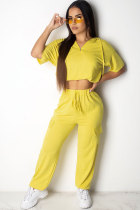 Conjunto de pantalones de dos piezas rectos sólidos de patchwork sexy de moda amarilla