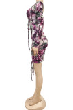purple Sexy Print Patchwork Frenulum Backless Fold V Neck Long Sleeve Mini Pencil Skirt Dresses