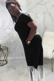 ブラック セクシー ファッション キャップ スリーブ 半袖 O ネック プリンセス ドレス フロアレングス ソリッド パッチワーク S