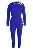 Blue Fashion adult Sexy bow-knot Solid Two Piece Suits Patchwork Straight Long Sleeve Two-piec