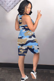 Blauer sexy Mode-Camouflage-Strampler aus chemischer Fasermischung, ärmellos mit V-Ausschnitt