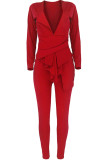 Red Sexy asymmetrical Solid Two Piece Suits ruffle Patchwork pencil Long Sleeve Two-piece Pan