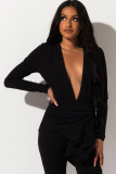 Black Sexy asymmetrical Solid Two Piece Suits ruffle Patchwork pencil Long Sleeve Two-piece Pan