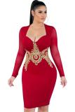 rose red Sexy Fashion adult Cap Sleeve Long Sleeves V Neck Step Skirt Knee-Length Patchwork Embroid