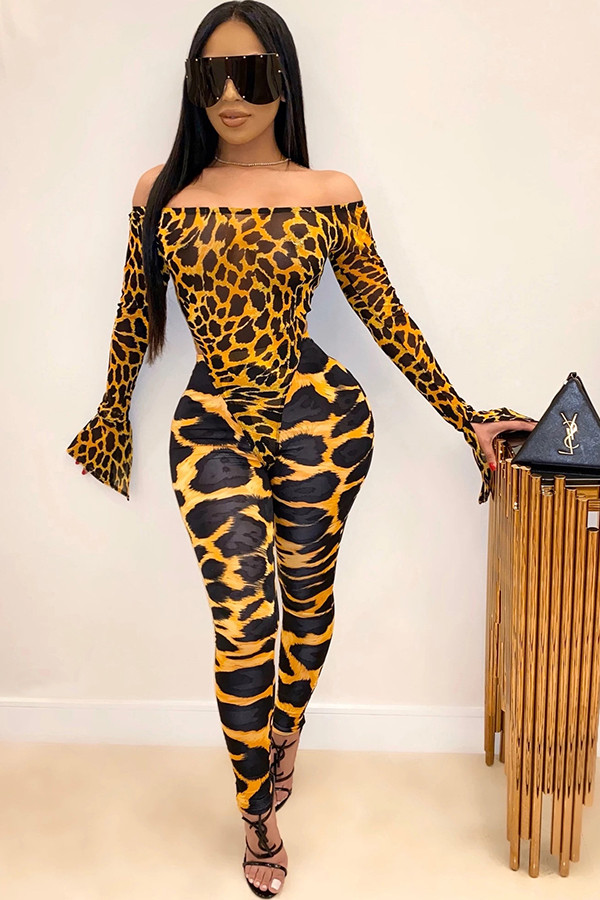 Leopardmönstrat Milk Silk Sexigt tryck asymmetrisk Tvådelad kostymer penna Långärmad