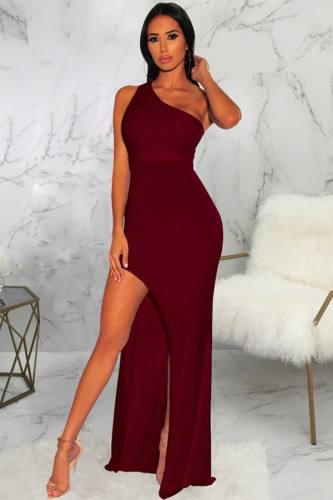 Wine Red Polyester Sexy One Shoulder Sleeveless one shoulder collar Step Skirt Floor-Length Solid Patchwork  