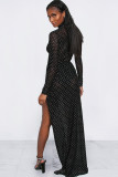 Zwart sexy perspectief mesh geometrische tweedelige pakken A-lijn rok met lange mouwen