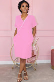 Розовый модный взрослый повседневный OL с короткими рукавами и v-образным вырезом трапециевидной формы длиной до колена в стиле пэчворк однотонный