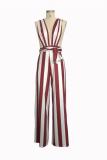 Wine Red Sexy Fashion zipper Striped Print Patchwork Sleeveless V Neck Jumpsuits