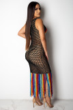 Vit Arylic rygglös Hood Out Regnbågsfärgperspektiv Patchwork Mode Sexiga Cover-Ups & Beach Dress