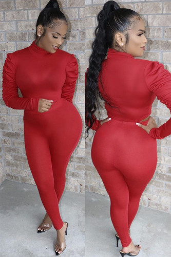 Red Polyester Casual Two Piece Suits Solid pencil Long Sleeve  Two-piece Pants Set