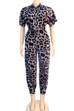 Zwarte sexy luipaardgraanbandage jumpsuits met lange mouwen en turndownkraag