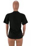 Camisetas e camisetas pretas com decote em O, manga curta, estampa de retalhos e estampas de animais