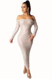 Белая сексуальная юбка с открытыми плечами и длинными рукавами, воротник с одним словом, ступенчатая юбка длиной до щиколотки, вырез Soli