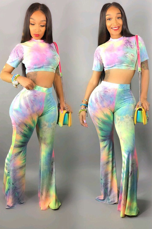 Conjunto de pantalones de dos piezas de manga corta ajustados con teñido anudado y top corto de moda sexy multicolor