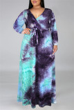 Robe de grande taille à manches longues à col en V et imprimé multicolore à la mode décontractée