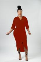 Boné adulto moda casual vermelho manga 3/4 comprimento mangas decote em v assimétrico meio da panturrilha patch sólido