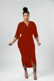 Rouge Casual Fashion adulte Cap Sleeve Manches 3/4 Col en V Asymétrique Mi-mollet Solide Patc