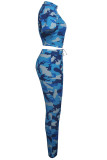 Costumes deux pièces Patchwork sexy bleu imprimé ensemble pantalon deux pièces droit à manches longues