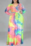 Multicolor Fashion Casual Print Tie-Dye V-Ausschnitt Langarm Kleid in Übergröße