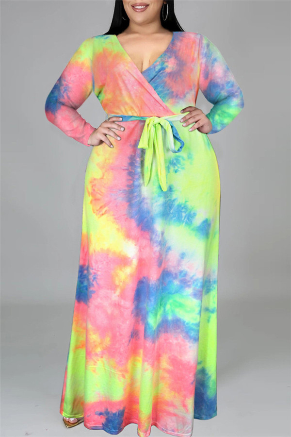 Farbe Mode Casual Print Tie-Dye V-Ausschnitt Langarm Kleid in Übergröße