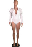 White Sexy Button Solid Long Sleeve Turndown Collar 