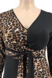 Yellow Sexy adult Fashion V Neck Patchwork Print Leopard Bandage Stitching Plus Size Dresses