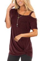 Wine Red Cotton O Neck Short Sleeve HOLLOWED OUT Solid 
