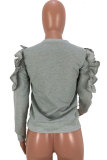 Graue O-Ausschnitt-Rüschendruck-Patchwork-Druck-Langarm-Sweatshirts und -Hoodies