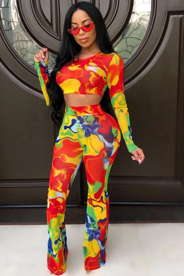 multicolor adult Fashion Casual crop top Two Piece Suits Print Loose Long Sleeve Two-piece Pants Set