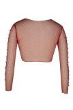 Red O Neck Long Sleeve Solid Mesh Patchwork Beading perspective Tees & T-shirts