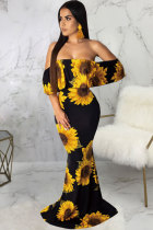 Yellow Fashion Sexy Off The Shoulder Short Sleeves Wrapped chest Step Skirt Floor-Length Patchwor