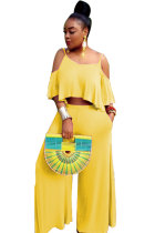 Gelb Sexy Mode Patchwork Rüschen Solide Gerade Halbarm Zweiteilige Hosen Set