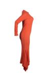 Wine Red Street Fashion adult Cap Sleeve Long Sleeves Mandarin Collar Asymmetrical Floor-Length Pat