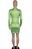 Green Milk. Sexy Cap Sleeve Long Sleeves Turtleneck Hip skirt skirt Print asymmetrical 