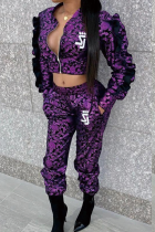purple Elastic Fly Long Sleeve Mid Patchwork stringy selvedge Print Straight Pants Two-piece sui