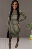 Olive green OL Cap Sleeve Long Sleeves O neck A-Line Mid-Calf Striped