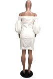 Witte mode off-shoulder lantaarn mouw 3/4 mouwen een woord kraag slanke jurk knielange so