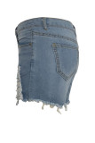 Pantalones cortos rectos con bolsillo con cremallera y agujero de lavado alto con cremallera de mezclilla azul