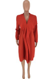 Red Turndown Collar Solid Pure Long Sleeve Coats & Cardigan