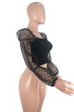 Black Square Collar Long Sleeve Patchwork Mesh asymmetrical Solid perspective Long Sleeve Tops