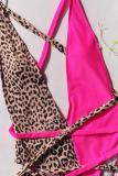 set di bikini alla moda sexy per adulti senza schienale con stampa leopardata con cappuccio in nylon rosa rosa