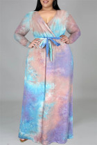 Vestido de talla grande de manga larga con cuello en V y estampado informal multicolor a la moda