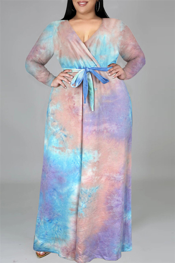 Многоцветное модное повседневное платье с принтом тай-дай и V-образным вырезом с длинным рукавом большого размера