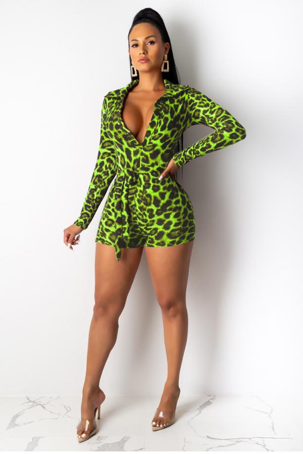 Green Fashion Sexy bandage Leopard grain Print Long Sleeve V Neck 