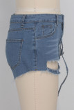 Blue Denim Button Fly Zipper Fly Mid Pocket Zippered washing Straight shorts Shorts
